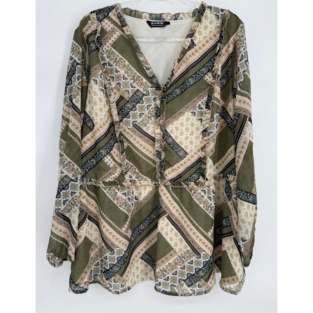 Bloomchic Olive Green Patchwork Paisley Ruffle Peplum Blouse Plus Sz 22-24